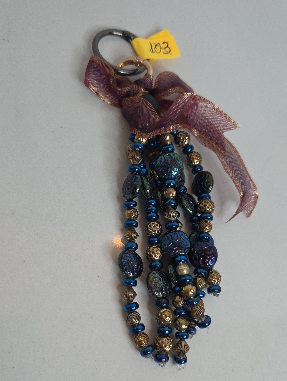 103 - Handmade Blue and Gold Beaded Bag Charm